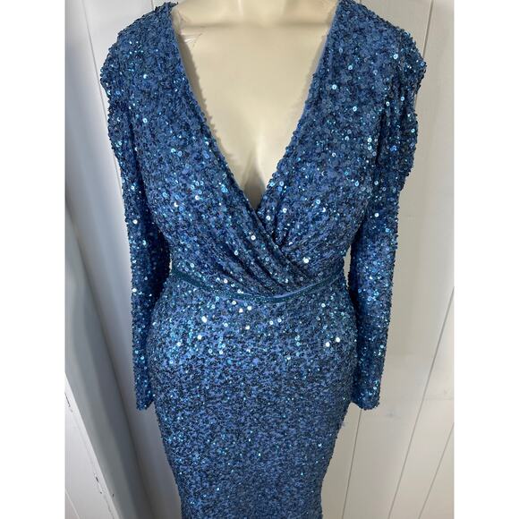 Mac Duggal Puff Shoulder Long Sleeve Sequined Surplice Gown In French Blue Sz 6 - Picture 5 of 11